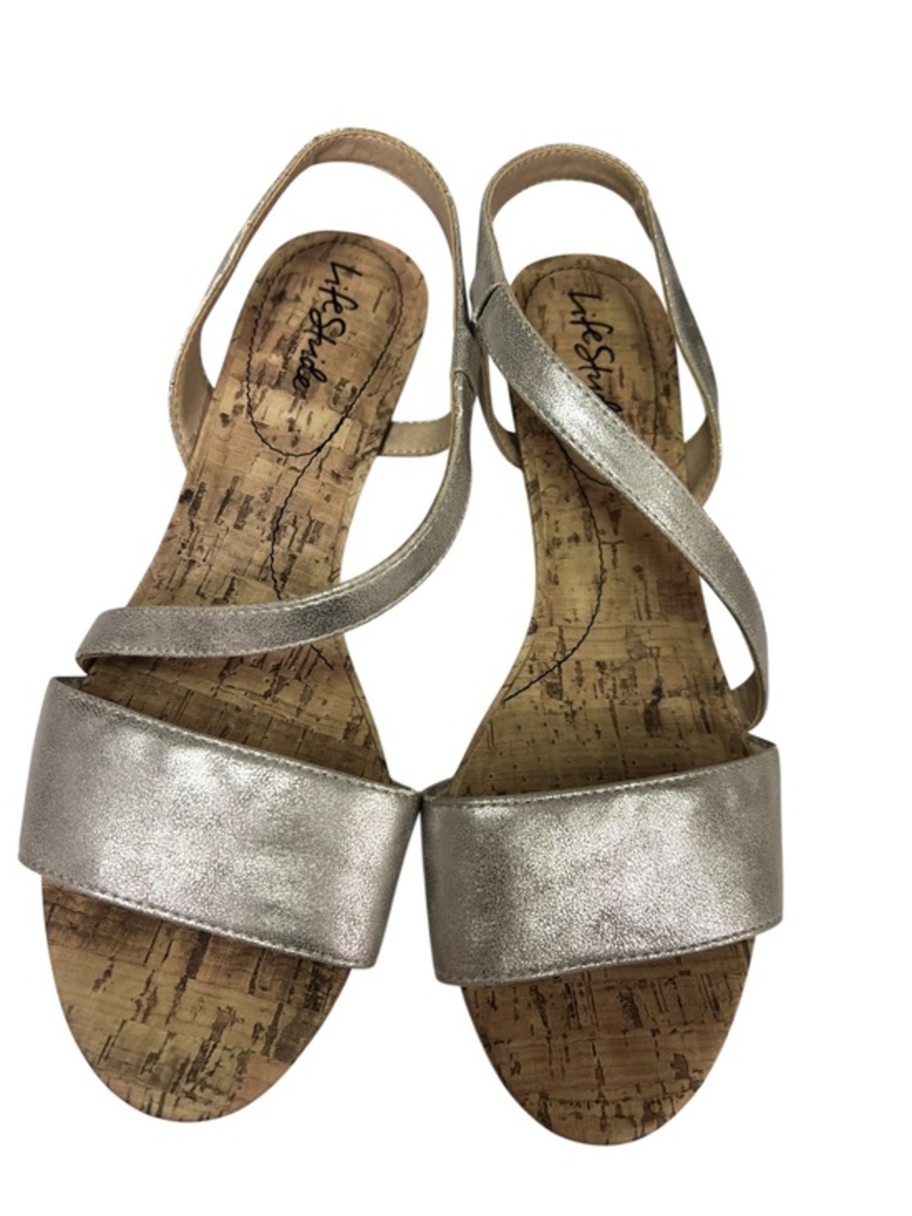 LifeStride Metallic Silver Cork Insole Sandals Low Wedge Size 9.5M